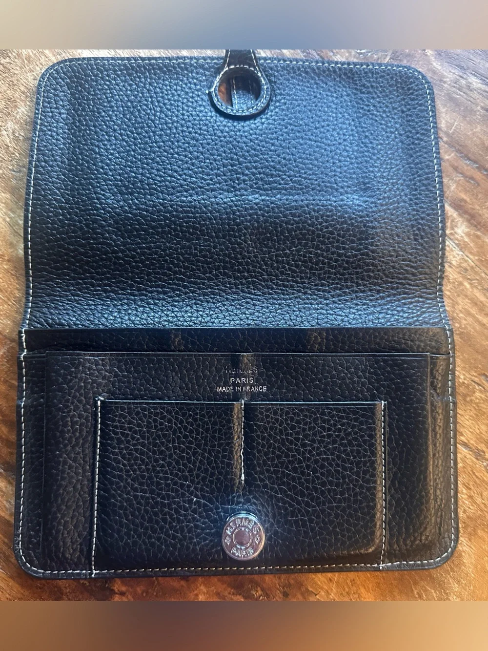 Hermes Black Pebbled Leather Wallet Clutch